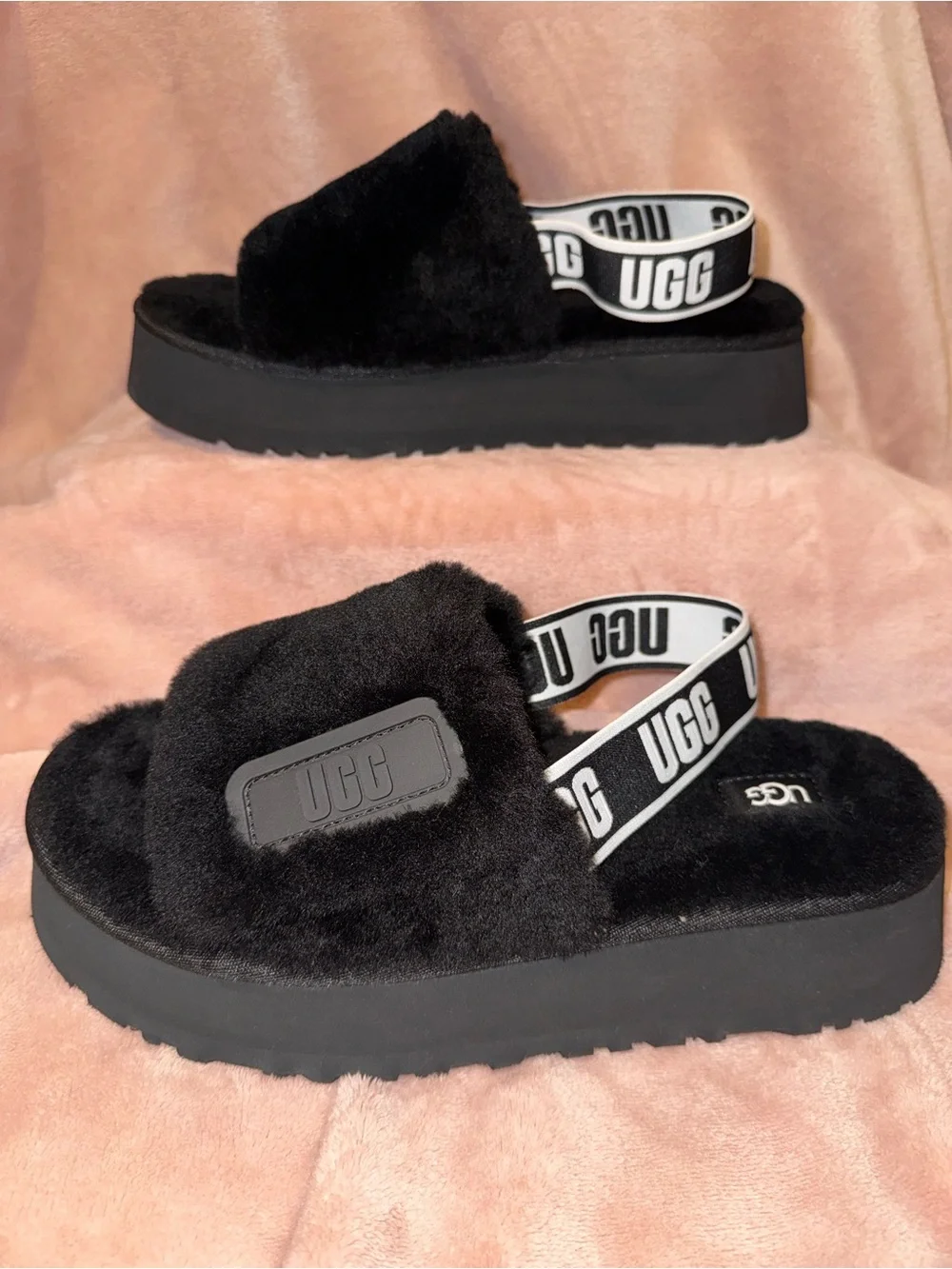 UGG Black Fuzz Platform Slingback Sandals